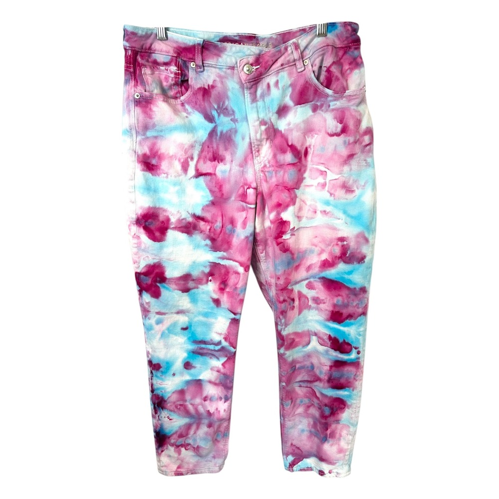 American‎ Eagle Size 16 Jeans Handmade Tie Dye Mom Jeans Pink Blue High Rise 974